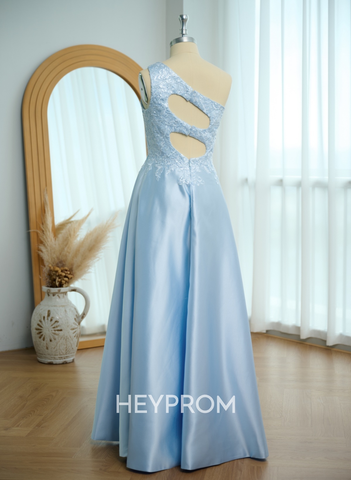 Unique One-Shoulder Cutout In Back Prom Dresses With Lace Applique