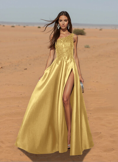 Unique One-Shoulder Cutout In Back Prom Dresses With Lace Applique