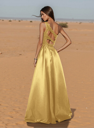 Unique One-Shoulder Cutout In Back Prom Dresses With Lace Applique