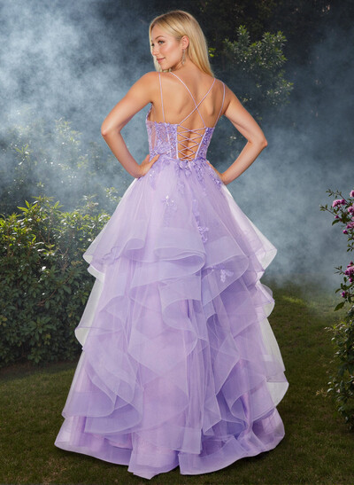 Dreamy Princess Ball Gown Ruffled Skirt Prom Dresses With Floral Applique