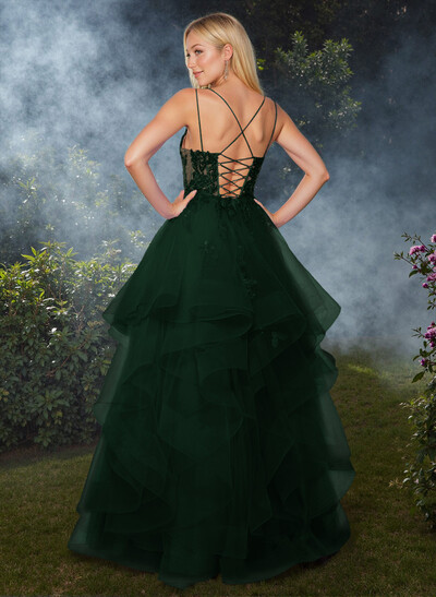 Dreamy Princess Ball Gown Ruffled Skirt Prom Dresses With Floral Applique