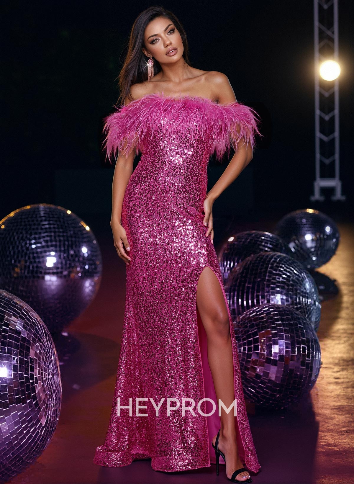 Sparkly Feather Trimmed Off-The-Shoulder Bedazzled Curve Prom Dresses