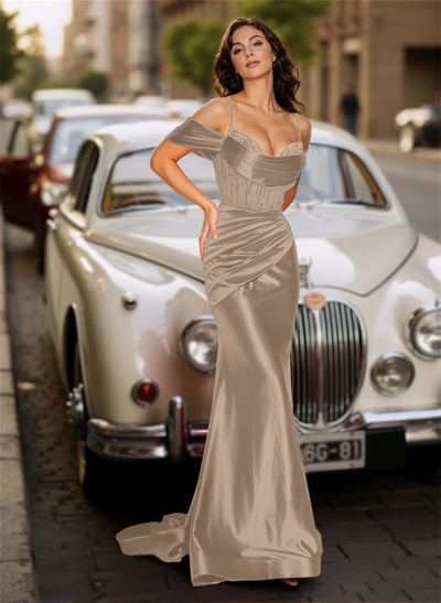 Glitter Cold Shoulder Mermaid Acetate Satin Prom Dresses With Sweep Train