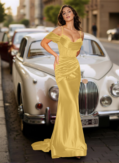 Glitter Cold Shoulder Mermaid Acetate Satin Prom Dresses With Sweep Train