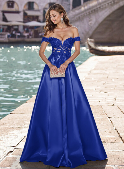 Elegant Off-The-Shoulder A-Line Satin Prom Dresses With Appliques Lace
