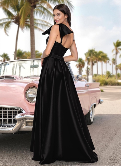 Unique Bow Accented One-Shoulder Satin Prom Dresses With High Split