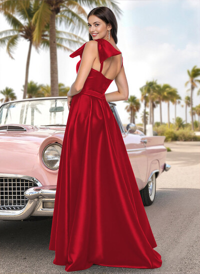 Unique Bow Accented One-Shoulder Satin Prom Dresses With High Split