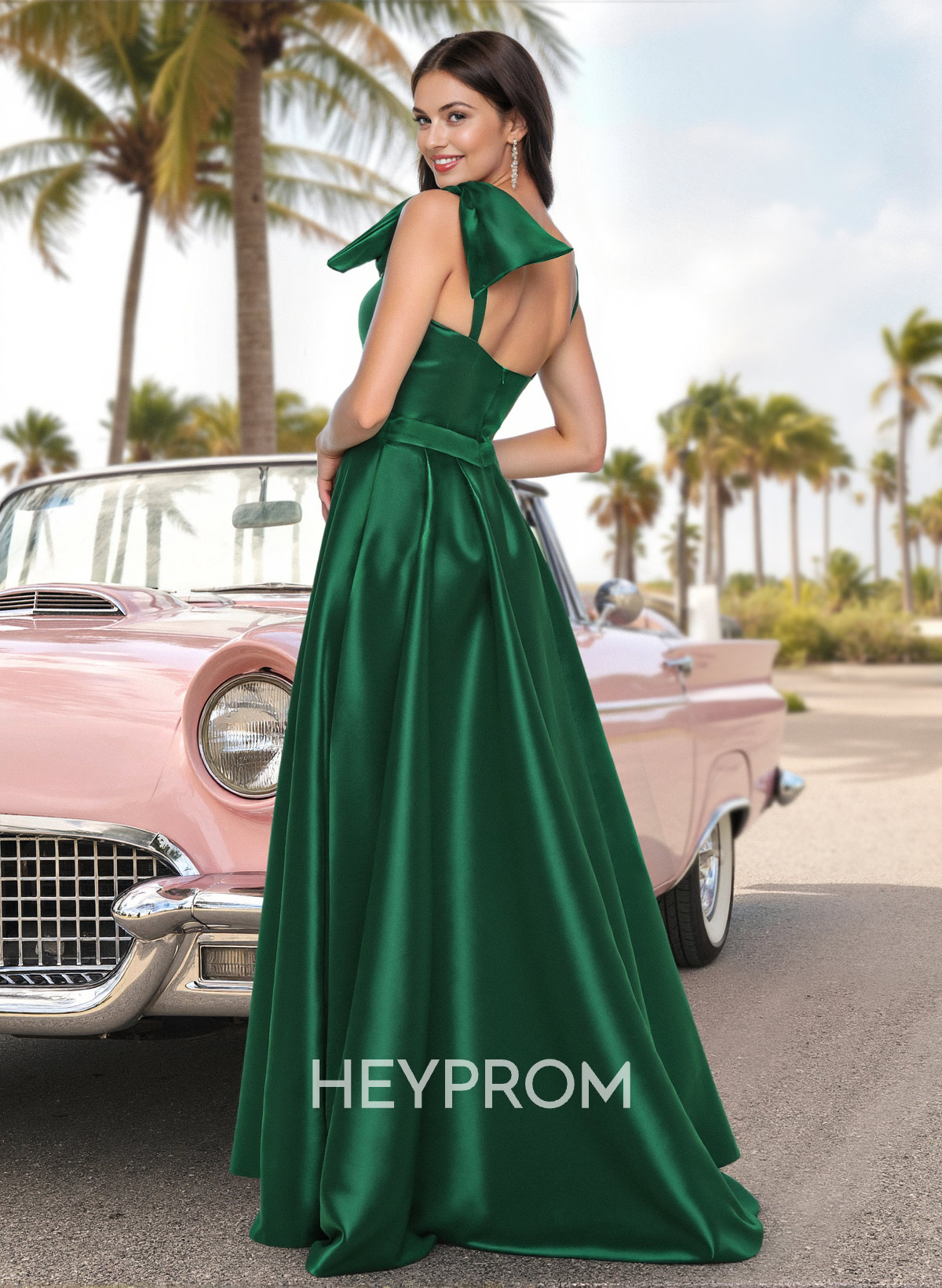 Unique Bow Accented One-Shoulder Satin Prom Dresses With High Split