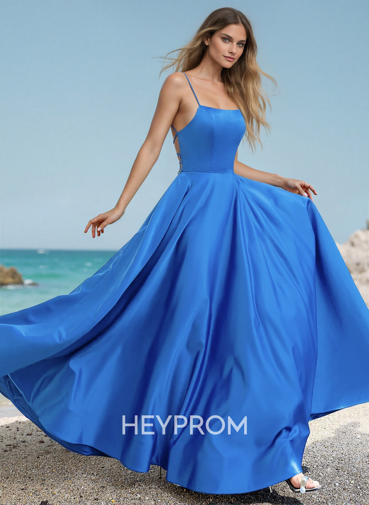 Simple Strappy Back A-Line Prom Dresses With Spaghetti Straps