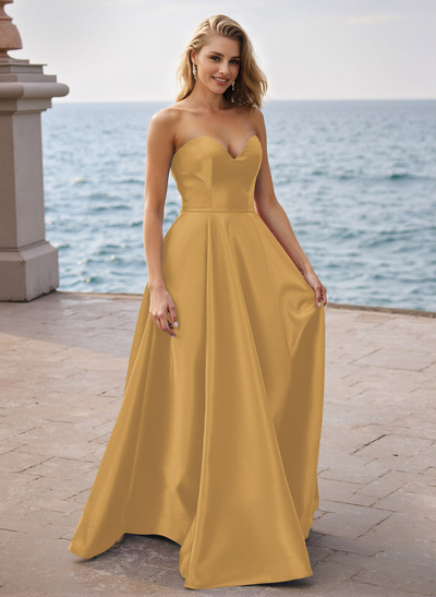 Simple A-Line Sweetheart Sleeveless Floor-Length Satin Prom Dresses