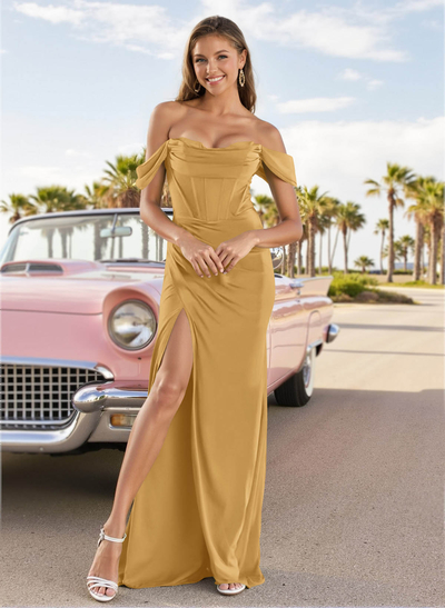 Sexy Draped Off Shoulder Strappy Back Crepe Satin Prom Dresses With High Split