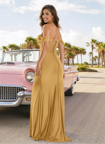 Sexy Draped Off Shoulder Strappy Back Crepe Satin Prom Dresses With High Split