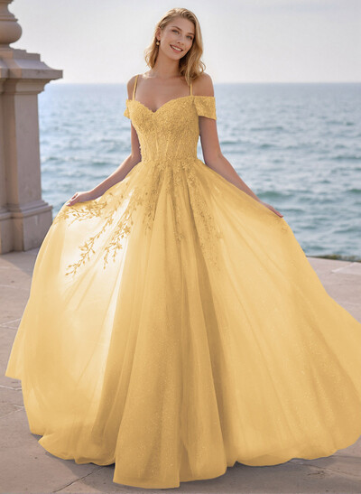 Dreamy Princess Ball Gown Sparkly Tulle Prom Dresses With Floral Applique