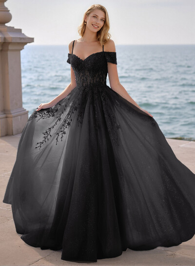 Dreamy Princess Ball Gown Sparkly Tulle Prom Dresses With Floral Applique
