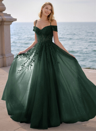Dreamy Princess Ball Gown Sparkly Tulle Prom Dresses With Floral Applique