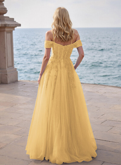 Dreamy Princess Ball Gown Sparkly Tulle Prom Dresses With Floral Applique