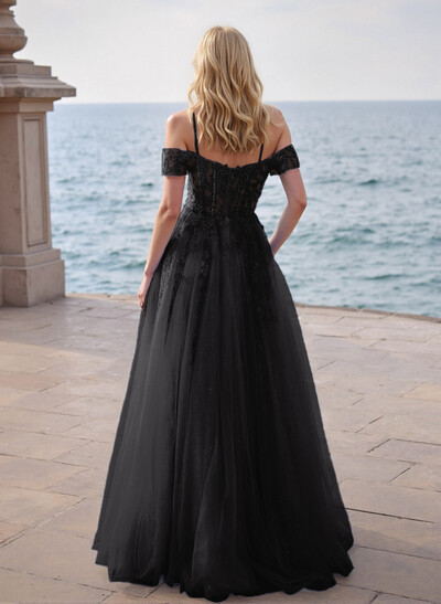 Dreamy Princess Ball Gown Sparkly Tulle Prom Dresses With Floral Applique