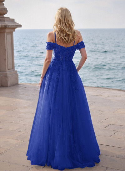 Dreamy Princess Ball Gown Sparkly Tulle Prom Dresses With Floral Applique