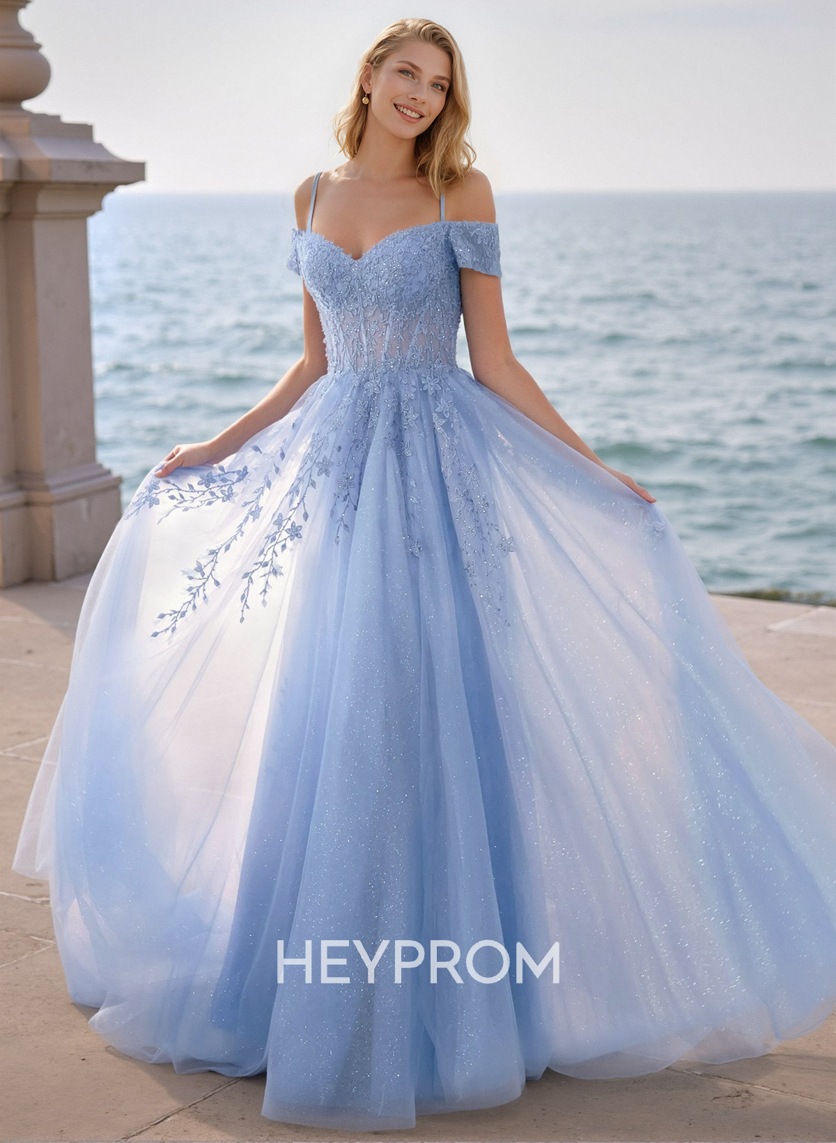 Dreamy Princess Ball Gown Sparkly Tulle Prom Dresses With Floral Applique