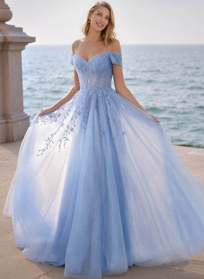 Dreamy Princess Ball Gown Sparkly Tulle Prom Dresses With Floral Applique