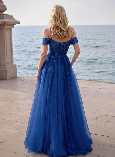 Dreamy Princess Ball Gown Sparkly Tulle Prom Dresses With Floral Applique