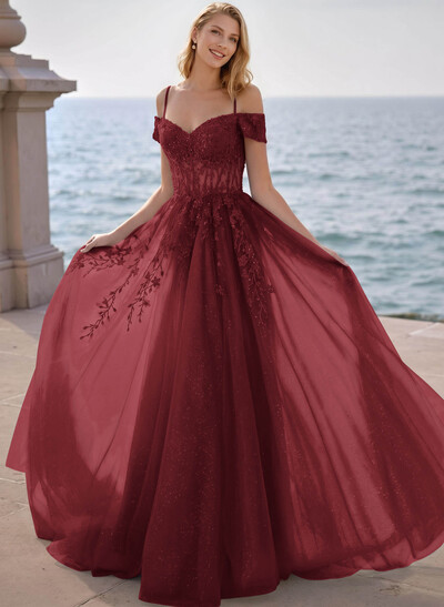 Dreamy Princess Ball Gown Sparkly Tulle Prom Dresses With Floral Applique