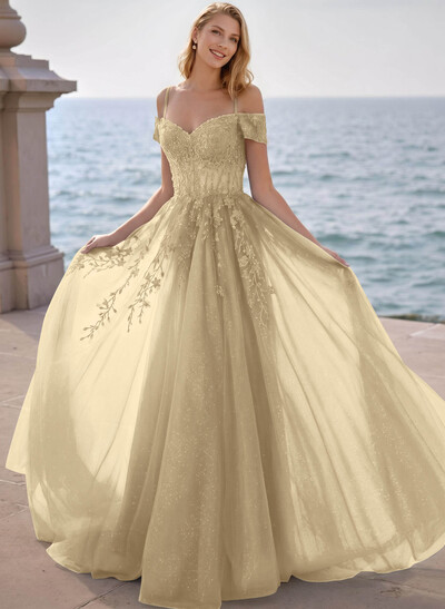 Dreamy Princess Ball Gown Sparkly Tulle Prom Dresses With Floral Applique