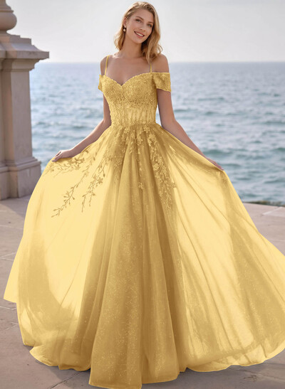 Dreamy Princess Ball Gown Sparkly Tulle Prom Dresses With Floral Applique