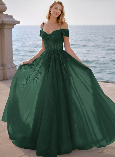 Dreamy Princess Ball Gown Sparkly Tulle Prom Dresses With Floral Applique