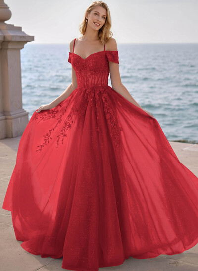 Dreamy Princess Ball Gown Sparkly Tulle Prom Dresses With Floral Applique