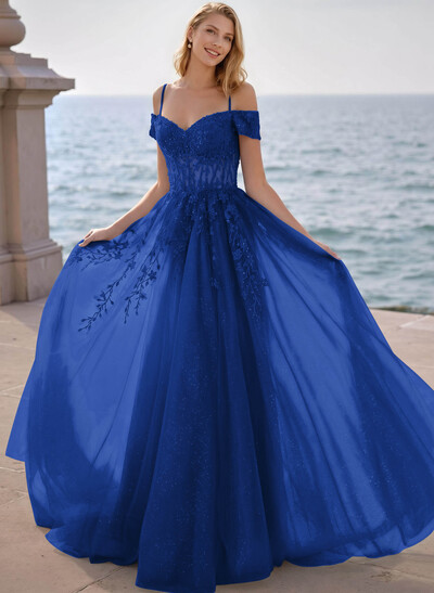 Dreamy Princess Ball Gown Sparkly Tulle Prom Dresses With Floral Applique