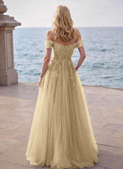 Dreamy Princess Ball Gown Sparkly Tulle Prom Dresses With Floral Applique