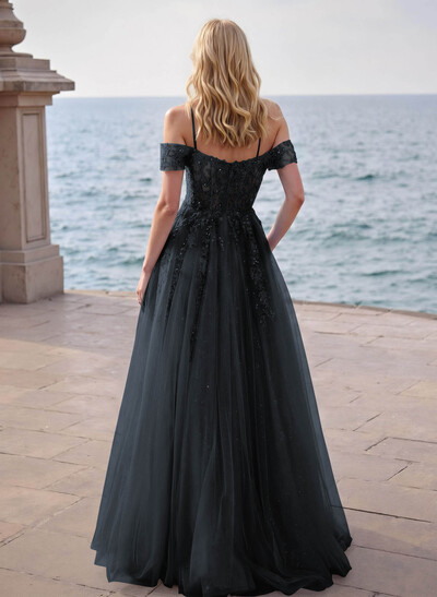 Dreamy Princess Ball Gown Sparkly Tulle Prom Dresses With Floral Applique