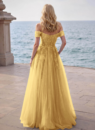 Dreamy Princess Ball Gown Sparkly Tulle Prom Dresses With Floral Applique