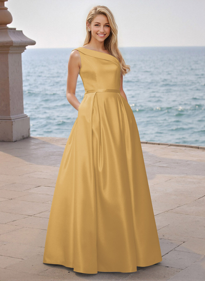 Modest A-Line One-Shoulder Satin Prom Dresses With Pockets