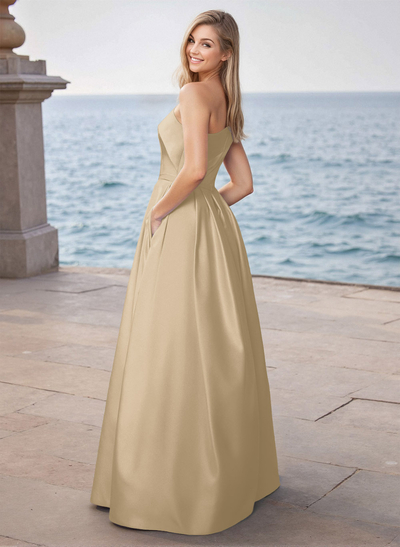 Modest A-Line One-Shoulder Satin Prom Dresses With Pockets