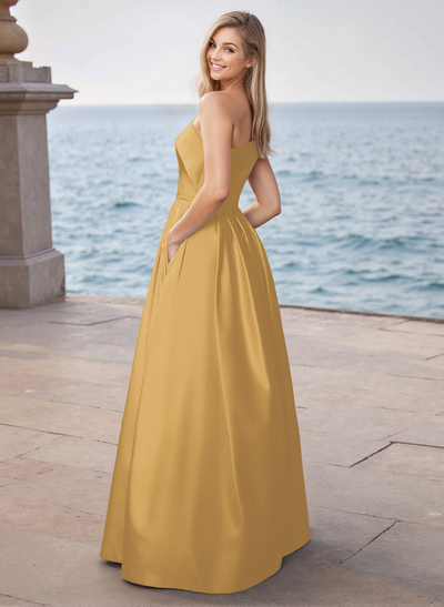 Modest A-Line One-Shoulder Satin Prom Dresses With Pockets
