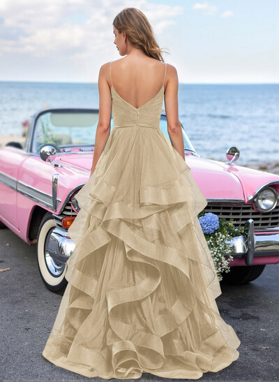 Dreamy Ruffled Skirt Ruched V-Neck Prom Dresses With High Split