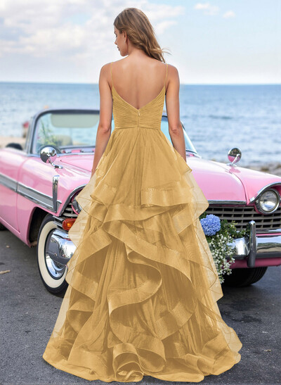 Dreamy Ruffled Skirt Ruched V-Neck Prom Dresses With High Split