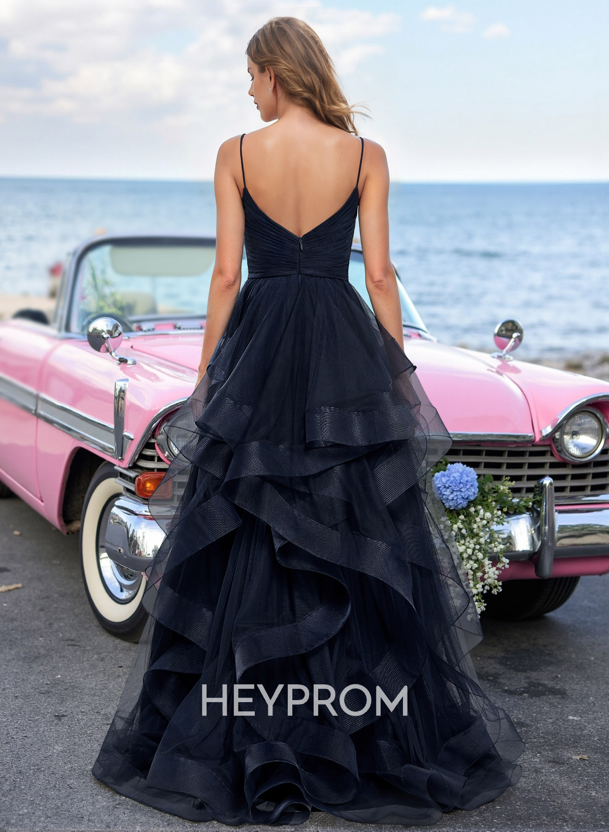 Dreamy Ruffled Skirt Ruched V-Neck Prom Dresses With High Split