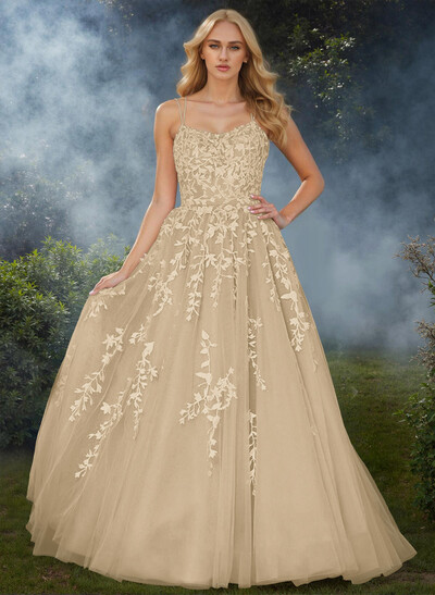 Sweet Dual Strap Tulle Strappy Back Prom Dresses With With Floral Applique