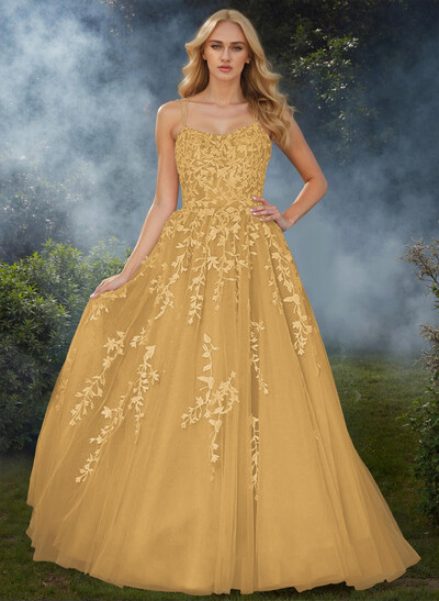 Sweet Dual Strap Tulle Strappy Back Prom Dresses With With Floral Applique
