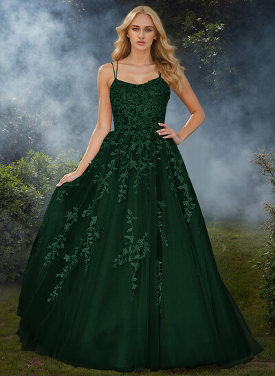 Sweet Dual Strap Tulle Strappy Back Prom Dresses With With Floral Applique