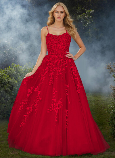 Sweet Dual Strap Tulle Strappy Back Prom Dresses With With Floral Applique