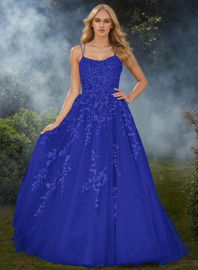 Sweet Dual Strap Tulle Strappy Back Prom Dresses With With Floral Applique