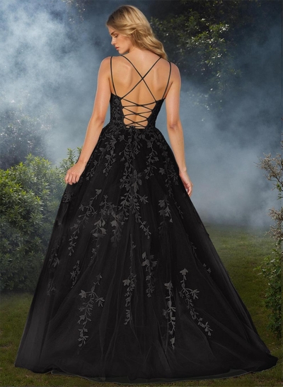 Sweet Dual Strap Tulle Strappy Back Prom Dresses With With Floral Applique