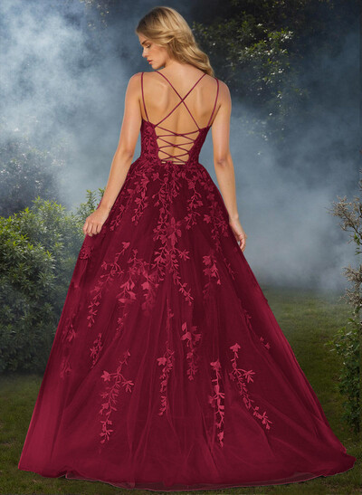 Sweet Dual Strap Tulle Strappy Back Prom Dresses With With Floral Applique