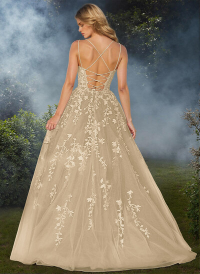 Sweet Dual Strap Tulle Strappy Back Prom Dresses With With Floral Applique