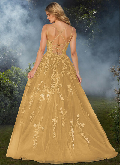 Sweet Dual Strap Tulle Strappy Back Prom Dresses With With Floral Applique