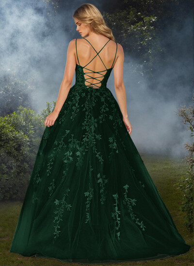 Sweet Dual Strap Tulle Strappy Back Prom Dresses With With Floral Applique
